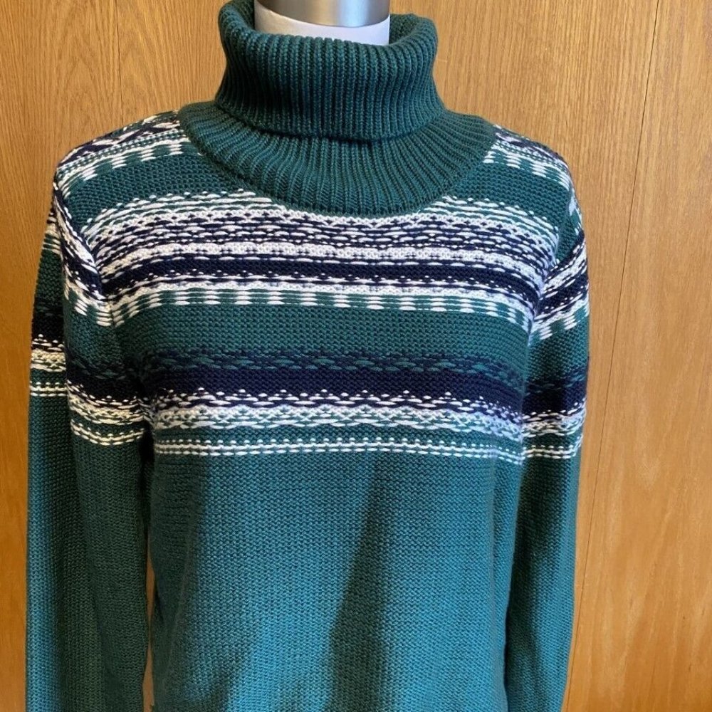 EUC Harper Heritage Green Navy stripe Fair Isle Chunky Sweater Large L